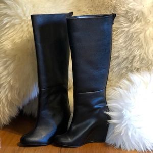 Black Leather Wedge Wide Calf Boots